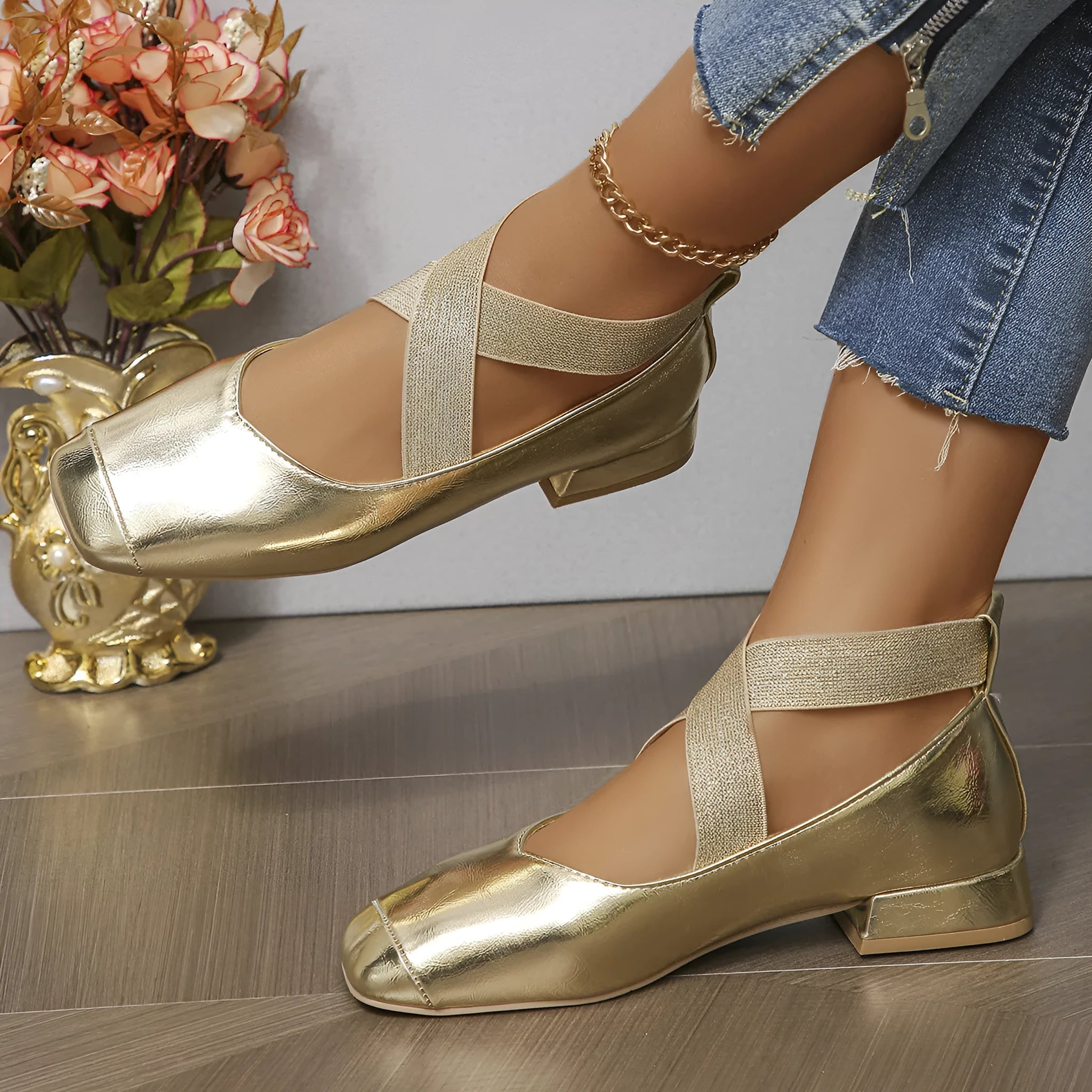 French evening style slip-on pumps with square toe bracket in black, gold, or silver colours