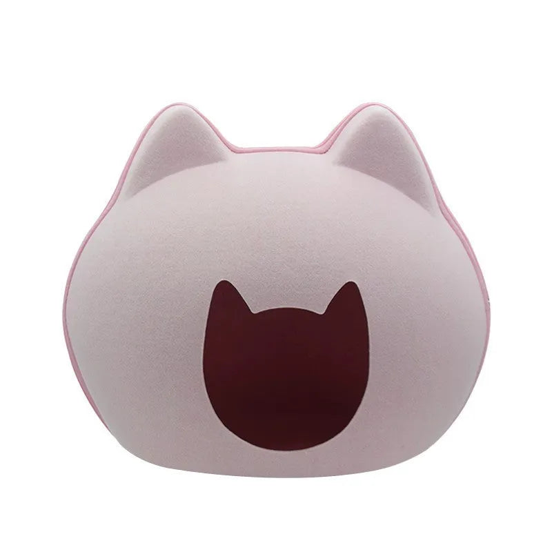Enclosed felt cat house in grey, 54x38x45cm, with cat entering