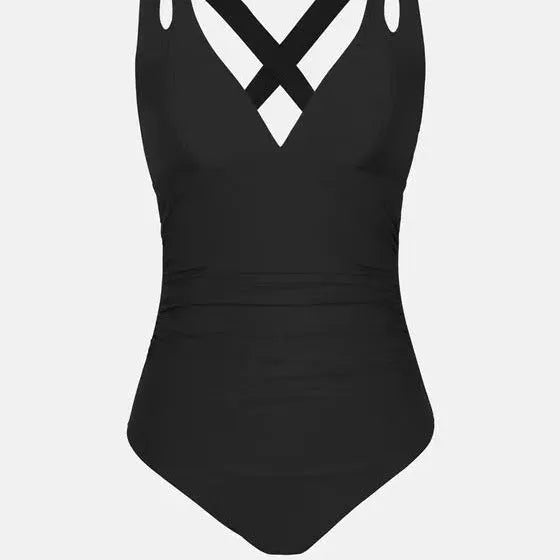 Women's solid colour one-piece swimsuit with triangle top and cross-back straps