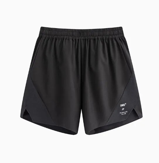 Black and blue four-point stretch running shorts with laser-punched seams on a mannequin.