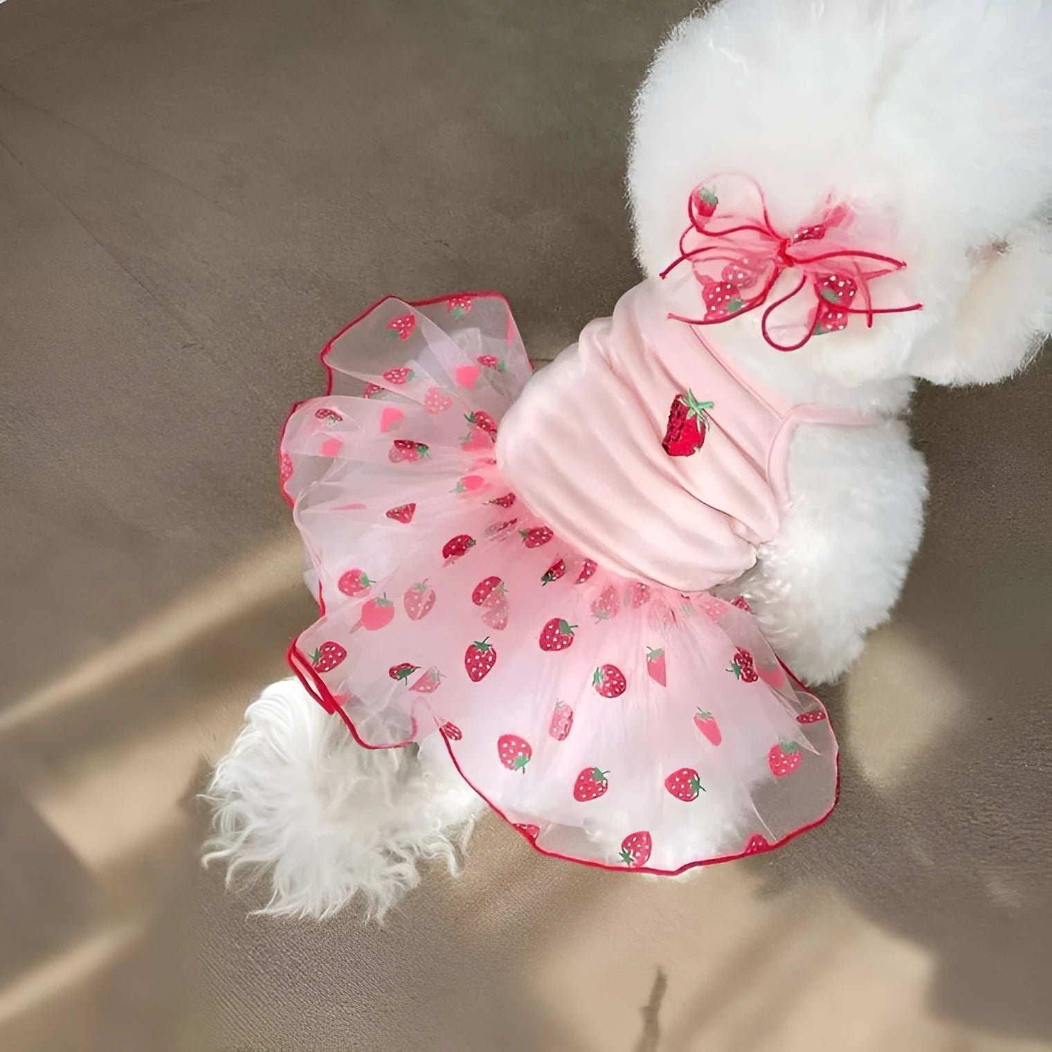 Cute mesh strawberry strap dog dress in pink strawberry colour, sweat cloth material