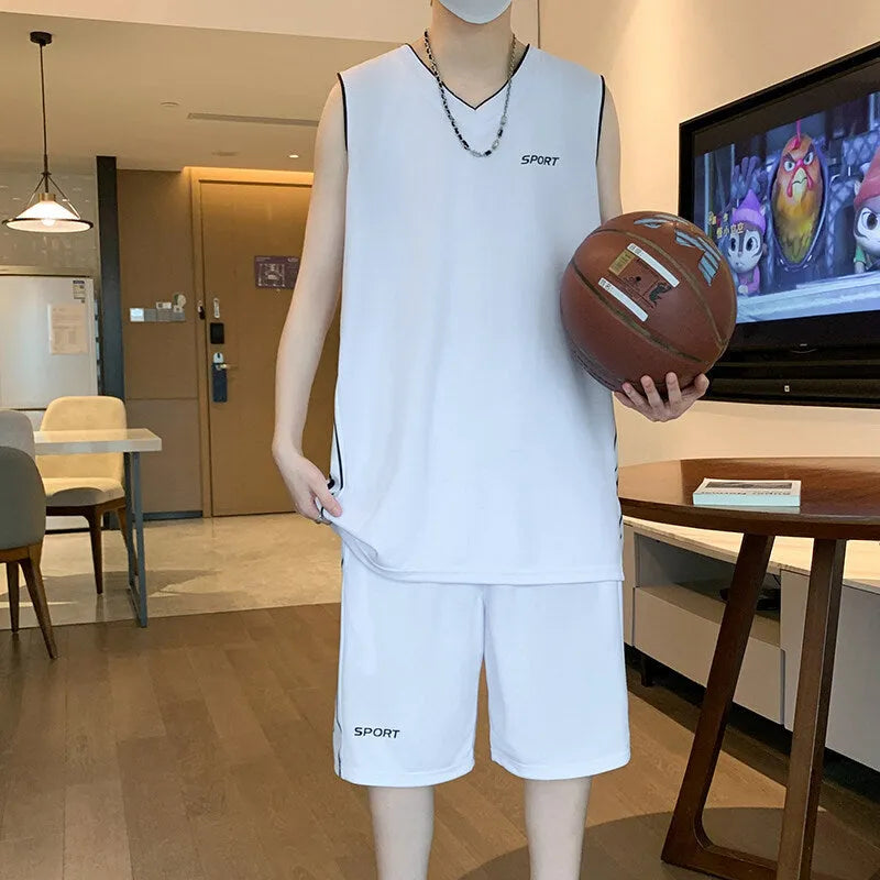 Men's basketball sports suit set showing sleeveless vest and matching shorts in polyester fabric