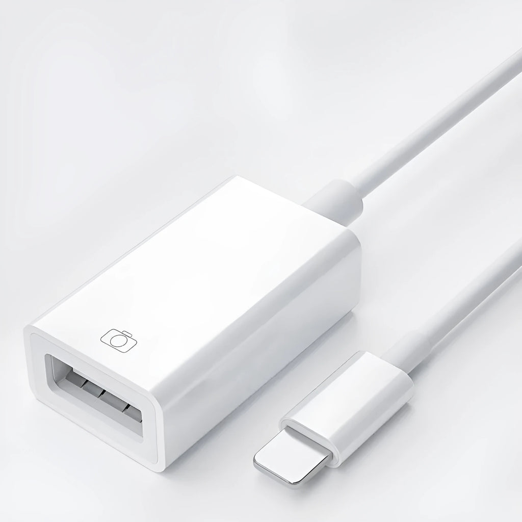 White Apple OTG adapter with Lightning connector and ABS plastic shell, 6g lightweight design