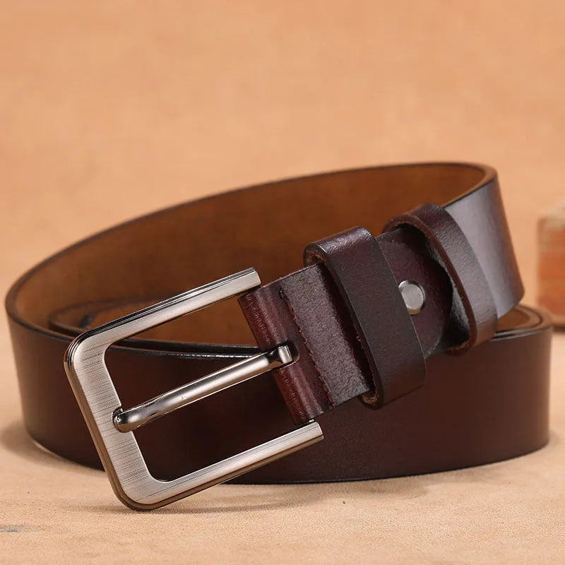 Square head pin buckle casual leather belt in black or brown, shown with length size options.