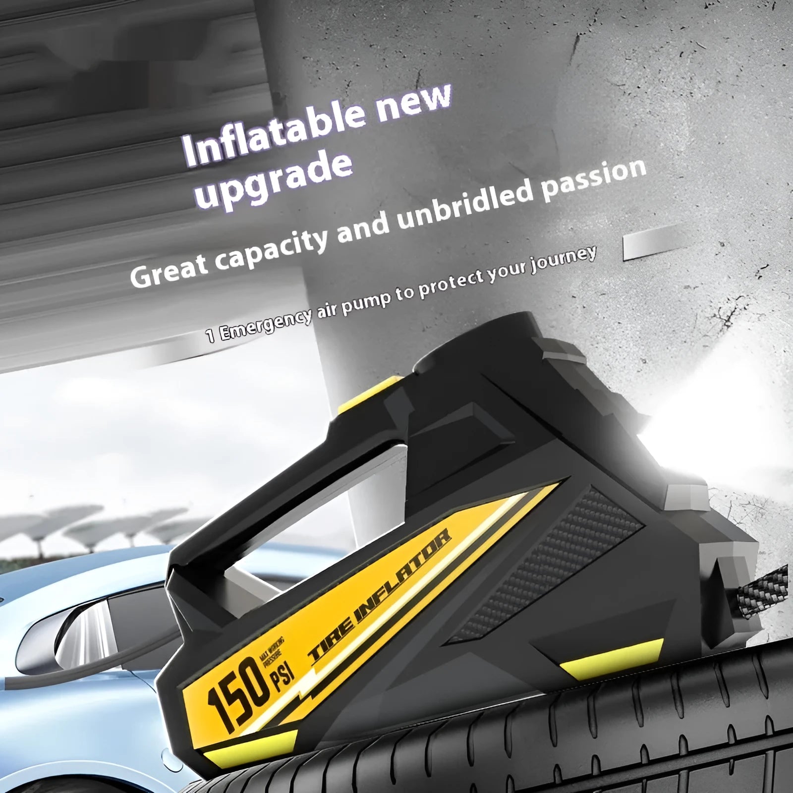 Black portable car tyre inflator with digital display and LED light, powered by 12V socket.