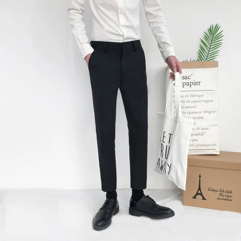 Men's Korean style straight-leg cotton trousers with drawstring waist in black grey khaki colours
