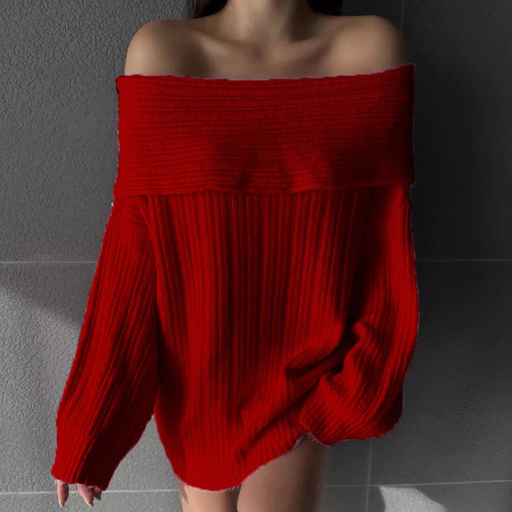 Women's loose-fitting acrylic pullover sweater in off-neck design with long sleeves