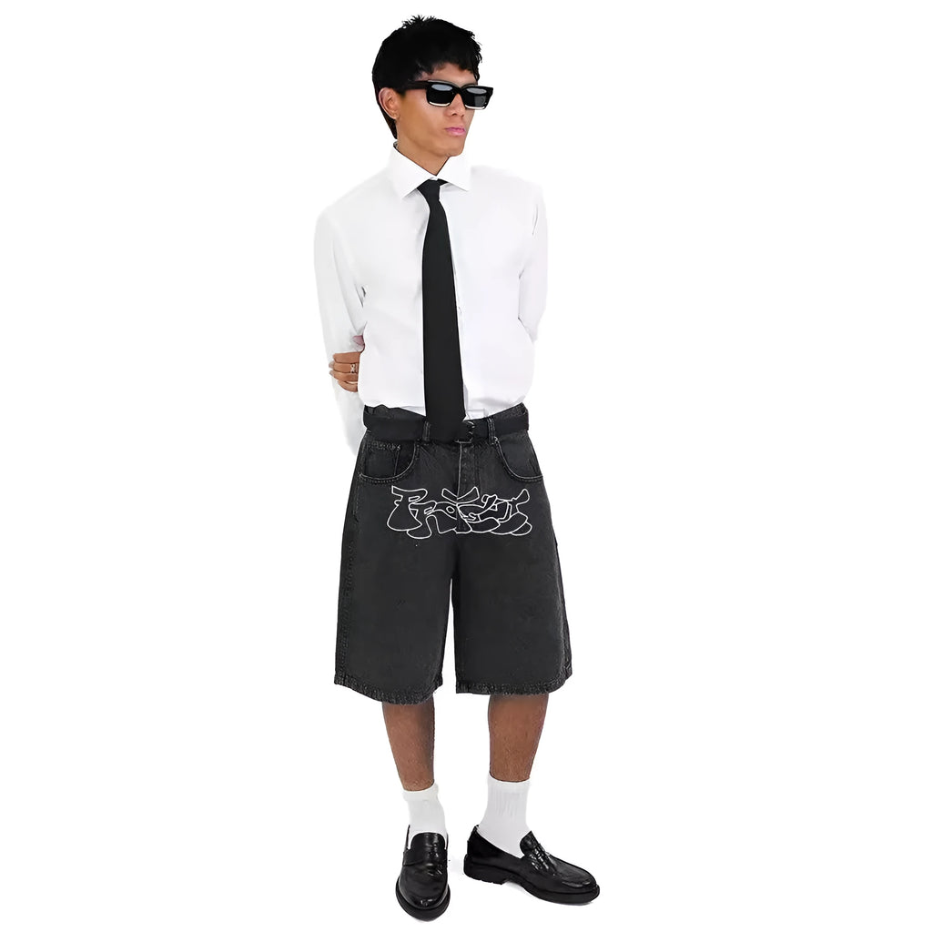Men's straight-leg hip hop denim shorts in D36 picture colour, showing front view