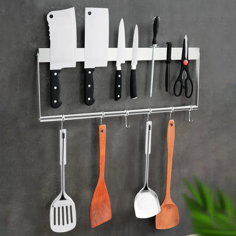 Stainless steel wall-mounted magnetic knife holder rack in various lengths for kitchen storage.