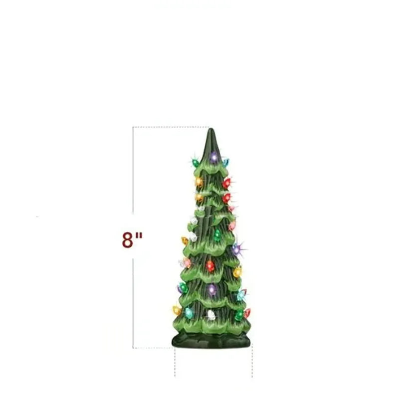 European style resin Christmas tree ornament with LED lights in coloured or warm white, shown in 20cm, 25cm, and 30cm sizes.