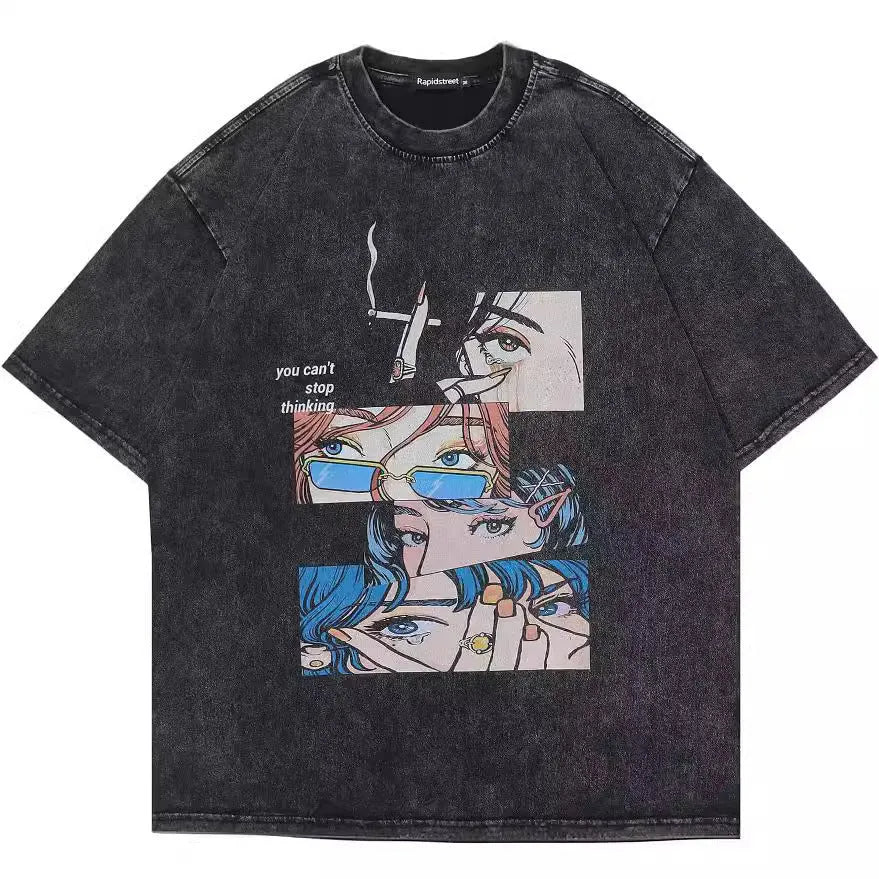 Men's retro style cotton t-shirt with cartoon digital printing in loose street hip hop cut