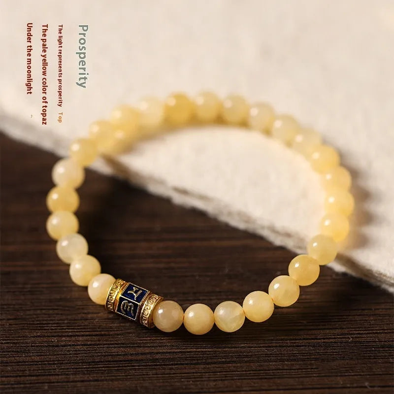 Hand-woven yellow jade topaz bracelet with 6mm mantra beads and fu character retro design