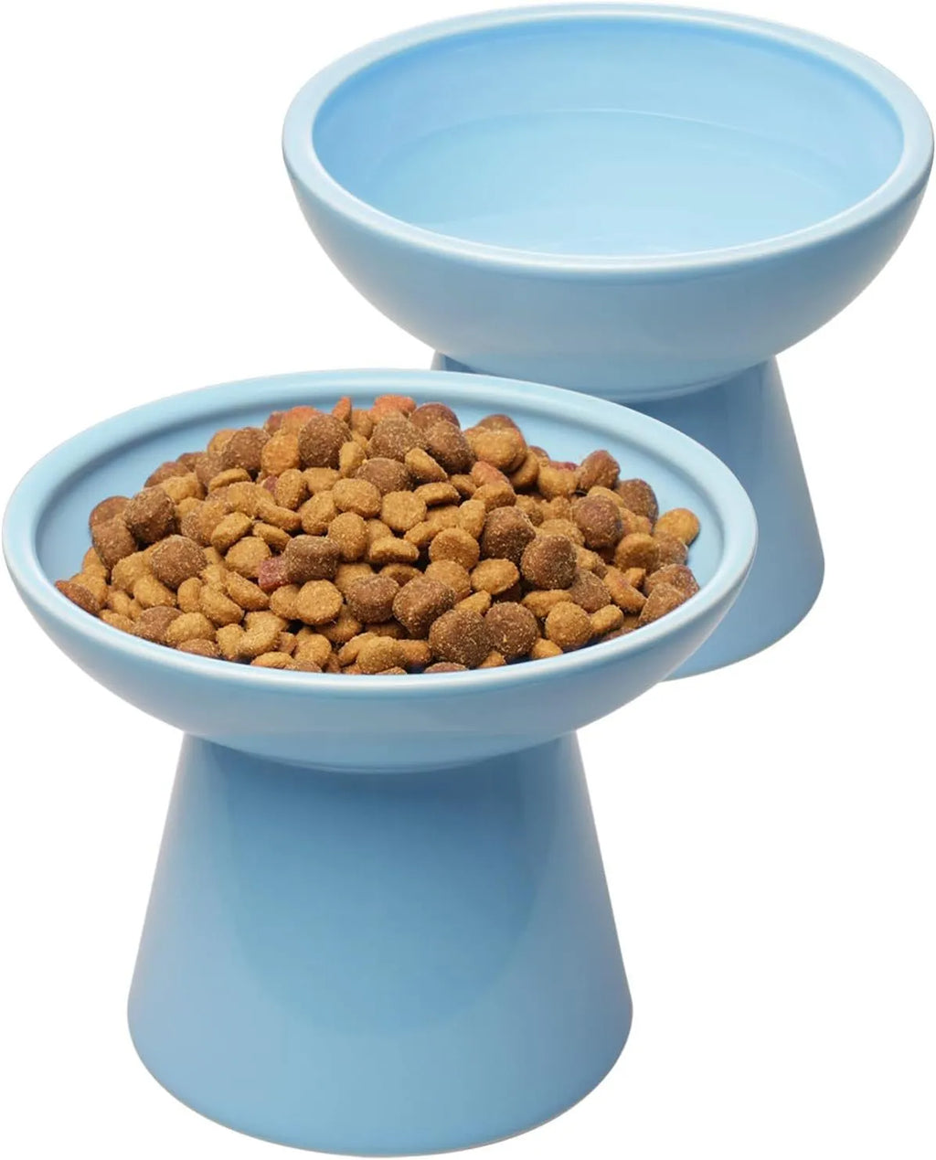 A wide, shallow ceramic cat bowl in an elevated stand, shown in blue, green, pink, or white.