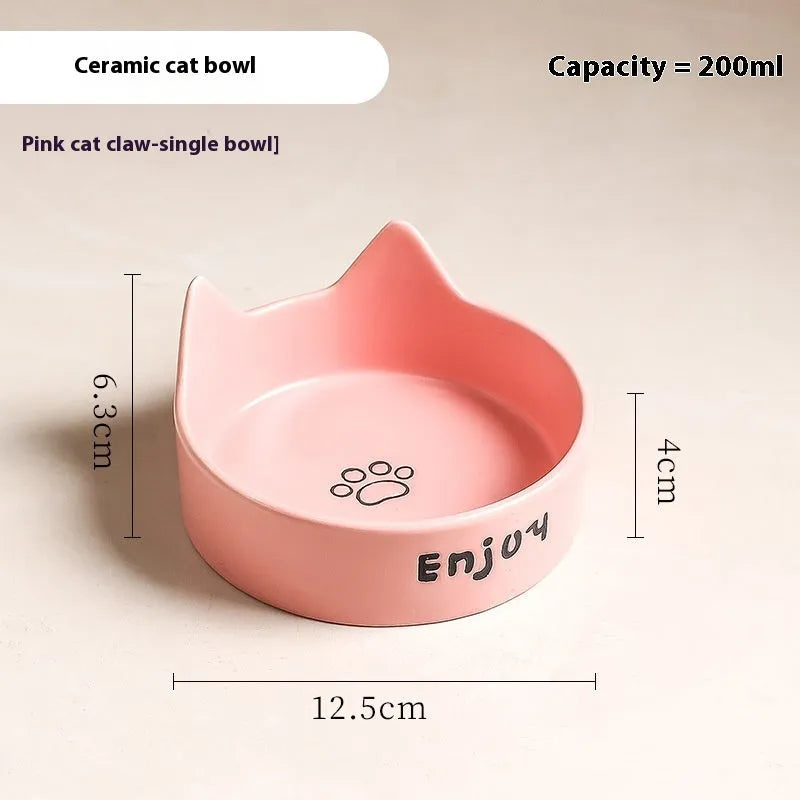 Porcelain cat food and water bowl set with wooden anti-tumble frame in various colours