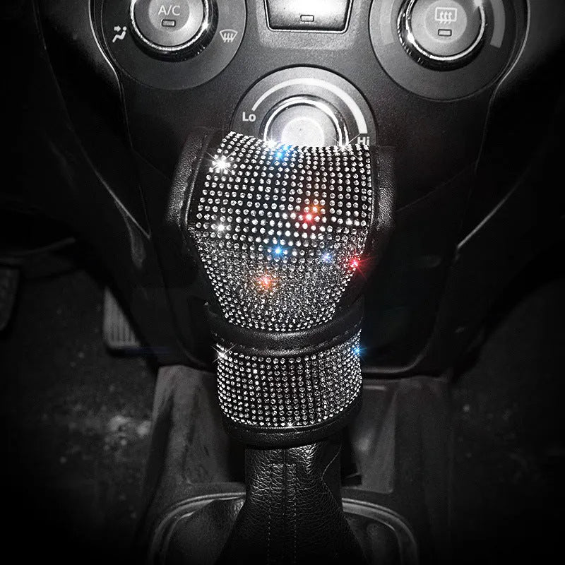 Black polyester rhinestone handbrake cover with white and colour diamond patterns universal fit for car interior