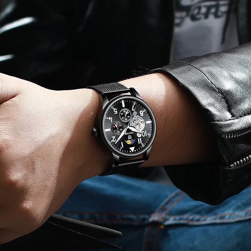 Black men's mechanical watch with moon phase display and luminous hands on 41mm alloy case