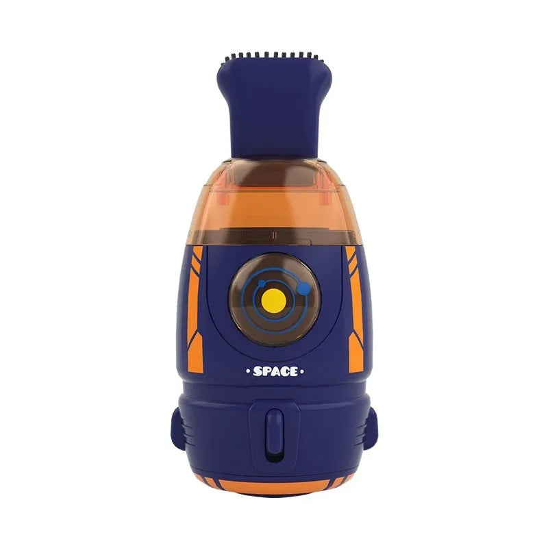 Handheld cordless desktop vacuum cleaner in blue rocket design with USB charging cable.