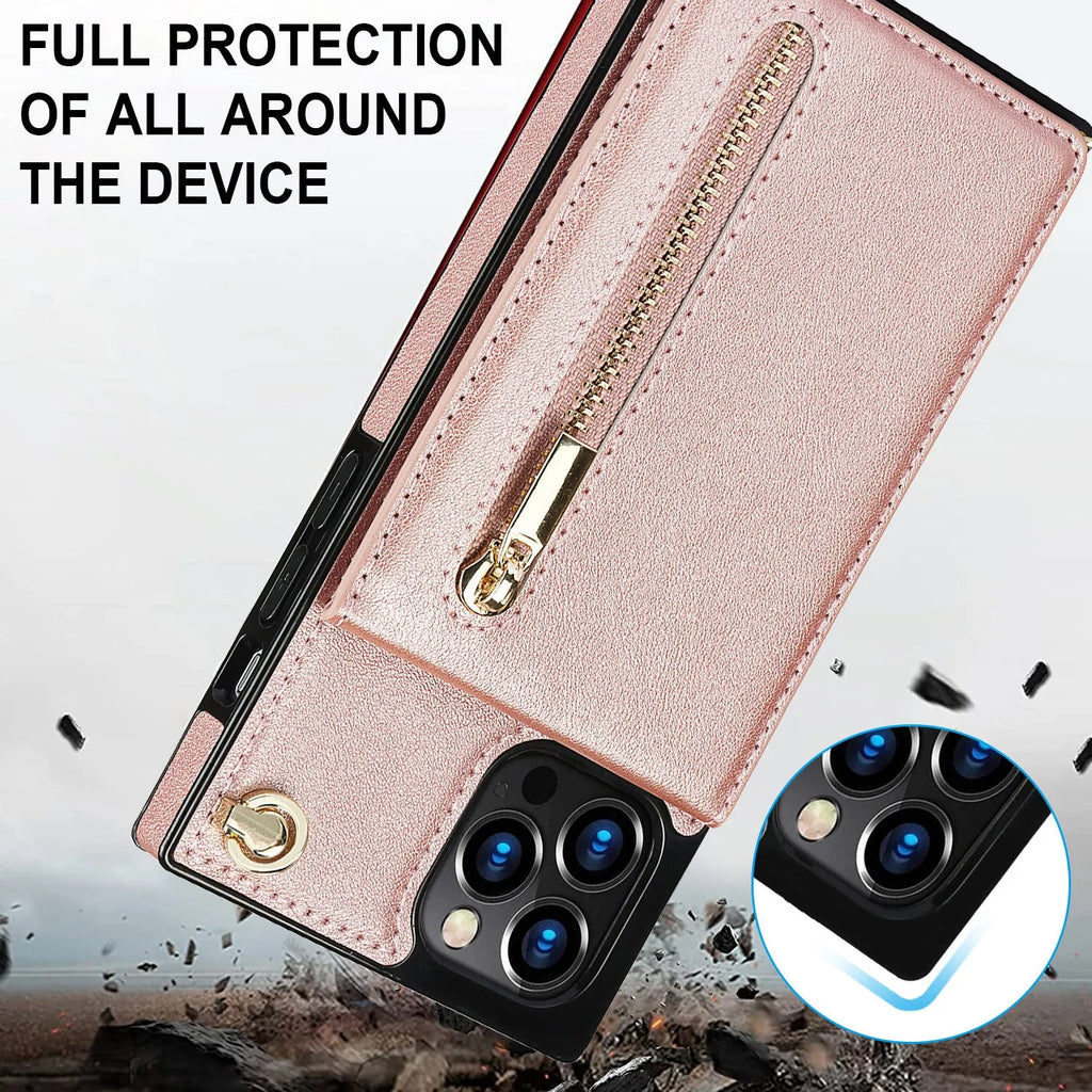 Crossbody phone case with zipper wallet and chain for iPhone 15, TPU leather in black