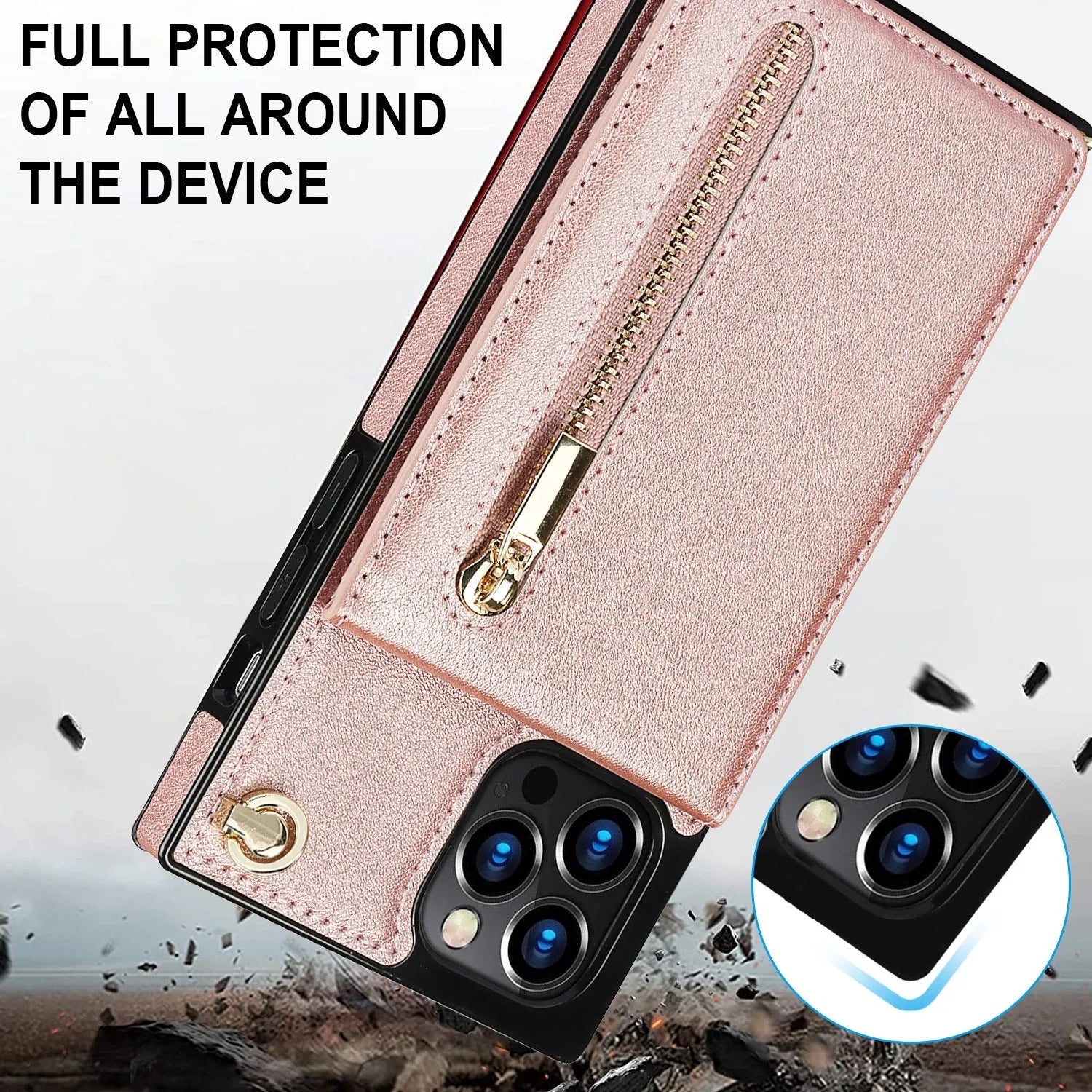 Crossbody phone case with zipper wallet and chain for iPhone 15, TPU leather in black