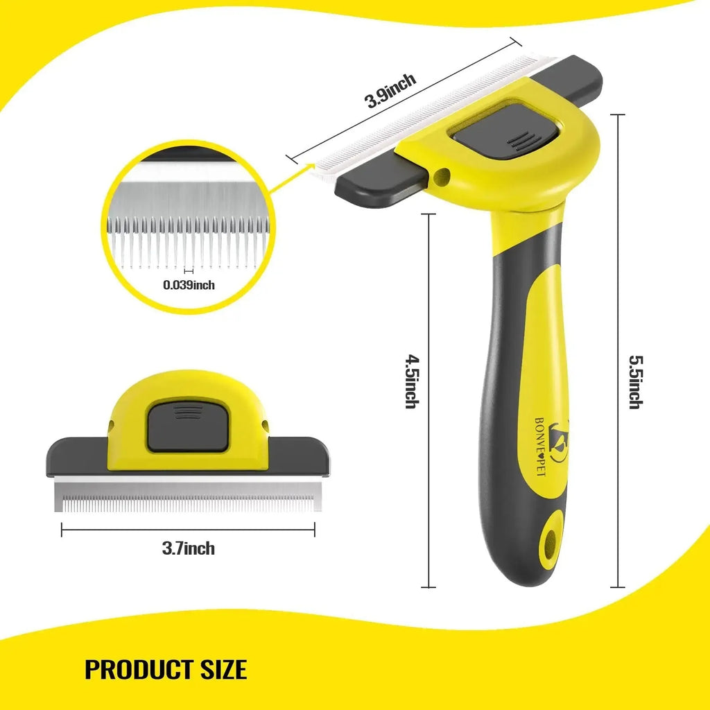 Yellow and blue pet grooming comb with stainless steel teeth and plastic handle for dog hair removal