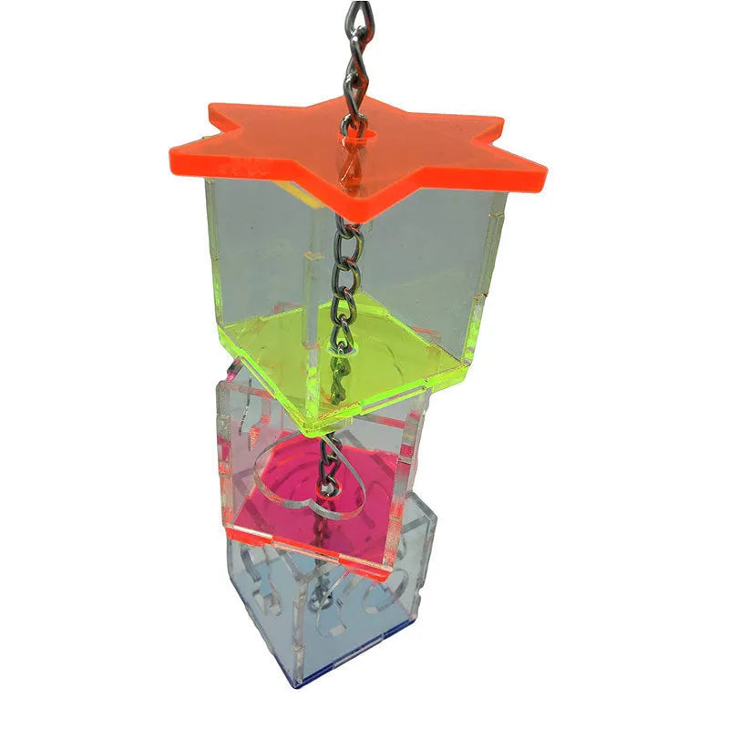 Clear acrylic parrot foraging toy measuring 5 cm by 5 cm by 32 cm for bird treats