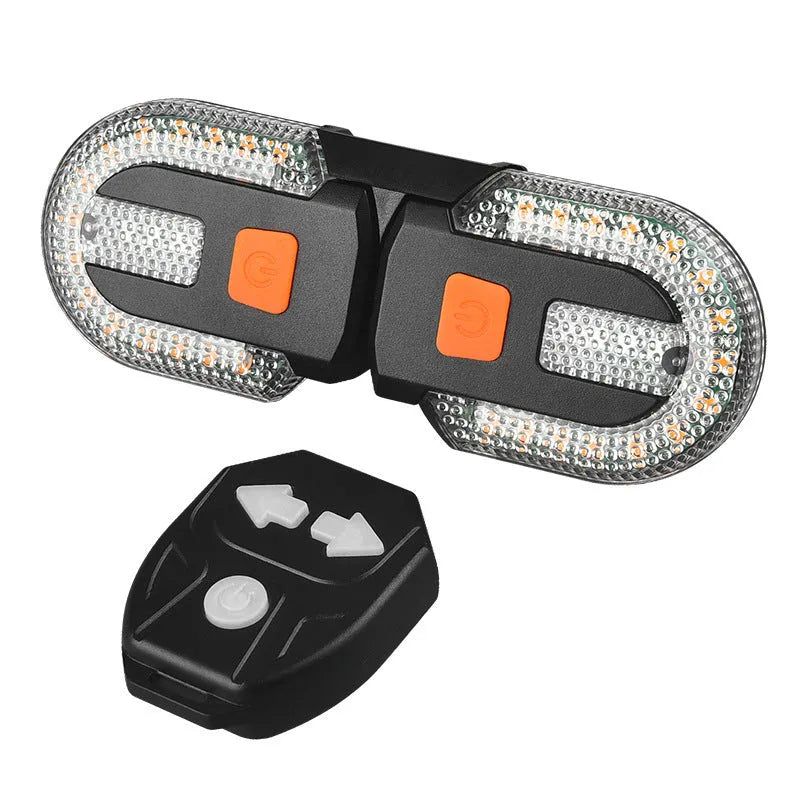 Black wireless remote control bicycle taillight with turn signals and USB charging cable