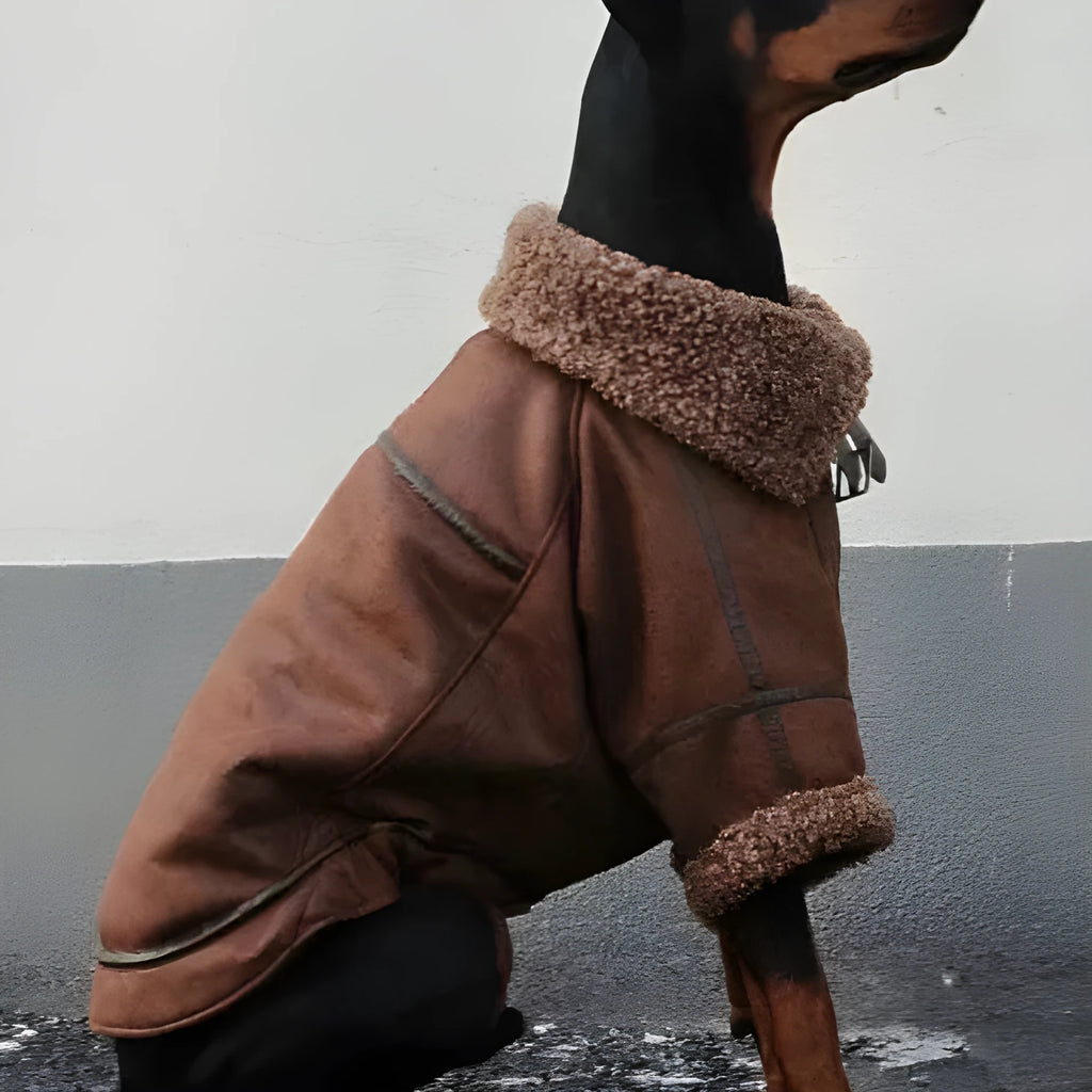 Winter velvet pet lapel leather coat for big dogs, denim fleece collar, sizes 4XL to 7XL
