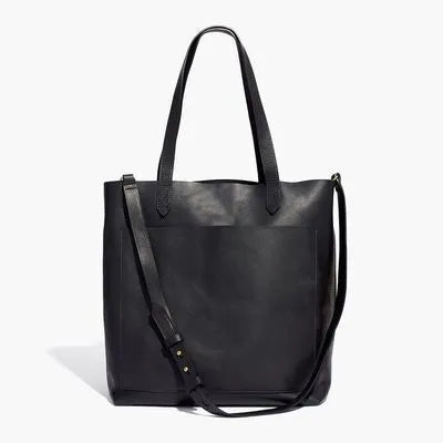 Medium genuine leather tote bag square vertical shape double shoulder straps retro sewing line black or brown