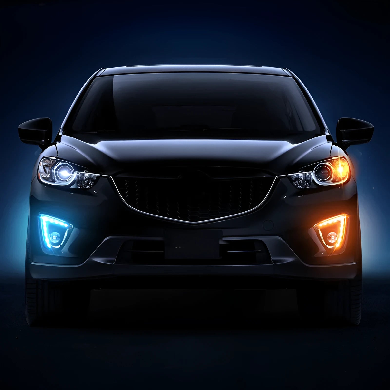 Mazda CX-5 LED daytime running light lamps with electroplated housing, shown in a set of two.