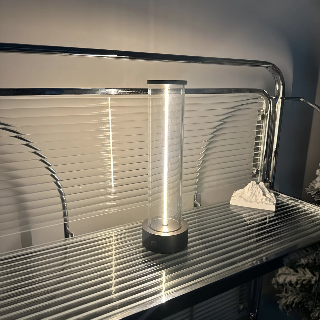 Slender vertical glass LED night light strip with magnetic back for USB charging