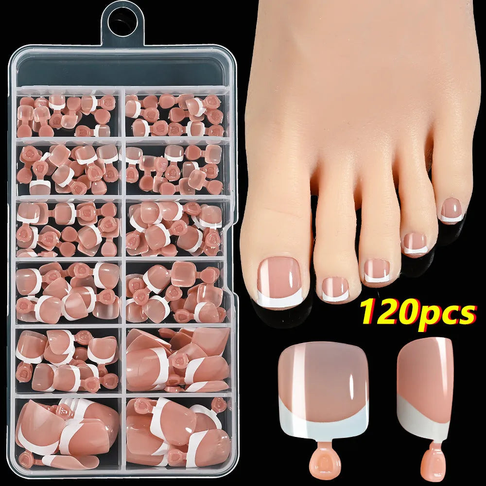 Box of 120 French white edge full square short toe nail tips in assorted nude colours