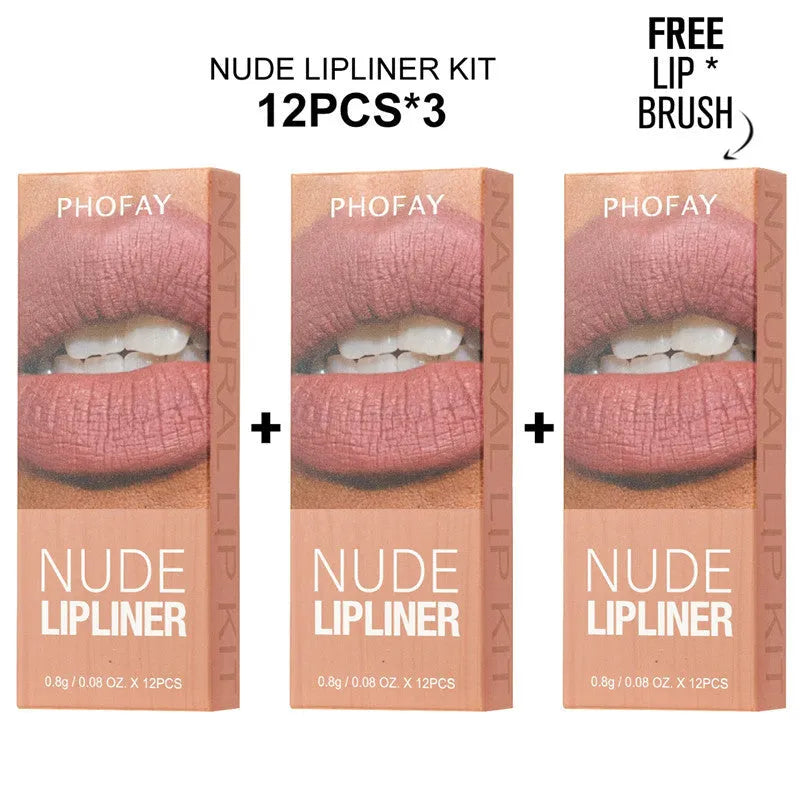 PHOFAY Nude Lipliner Kit 12 piece set in brown packaging with individual pencils