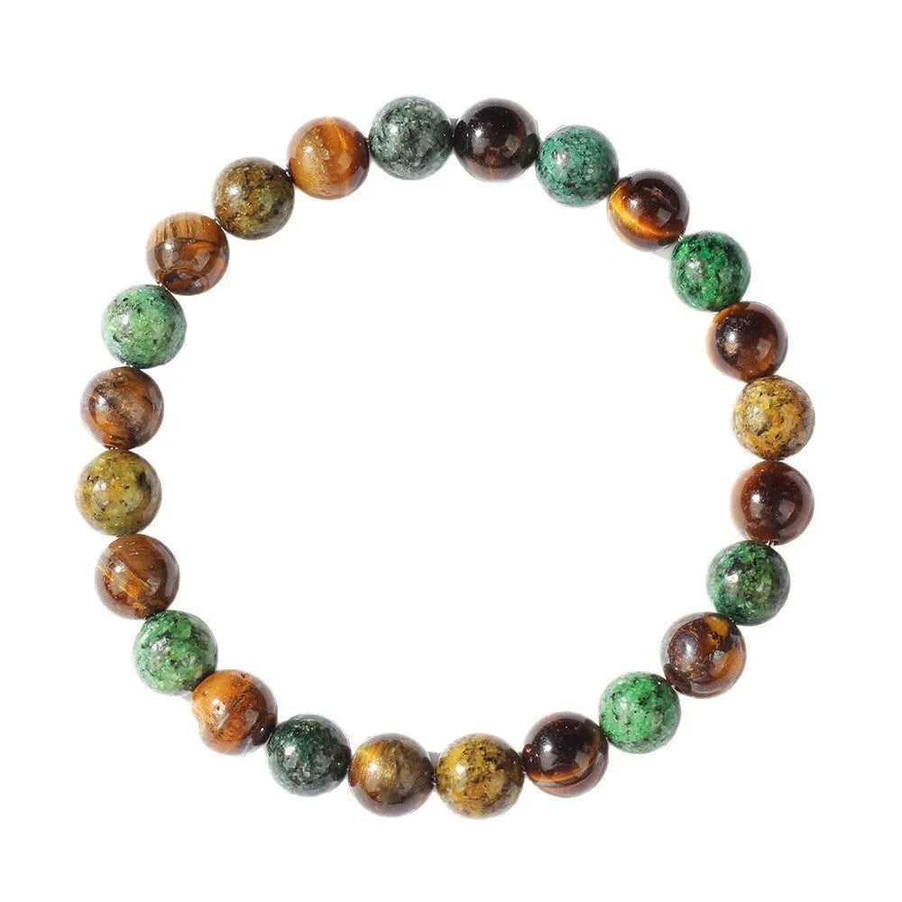 Handmade tigereye stone bracelet with 18mm flower-design beads on an adjustable strap.