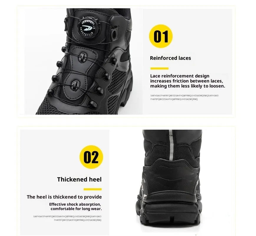 JK7926 black steel toe labour safety shoes with high-top PVC upper and anti-skid rubber sole on a grey background