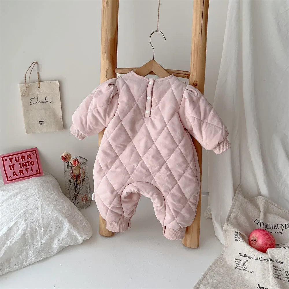 Fleece-lined baby romper in pink with hidden hook closure, thickened winter jumpsuit for babies 66-90cm tall