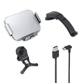 Grey wireless charging car phone holder with folding screen, showing air vent clip, suction cup, and disc mounts.