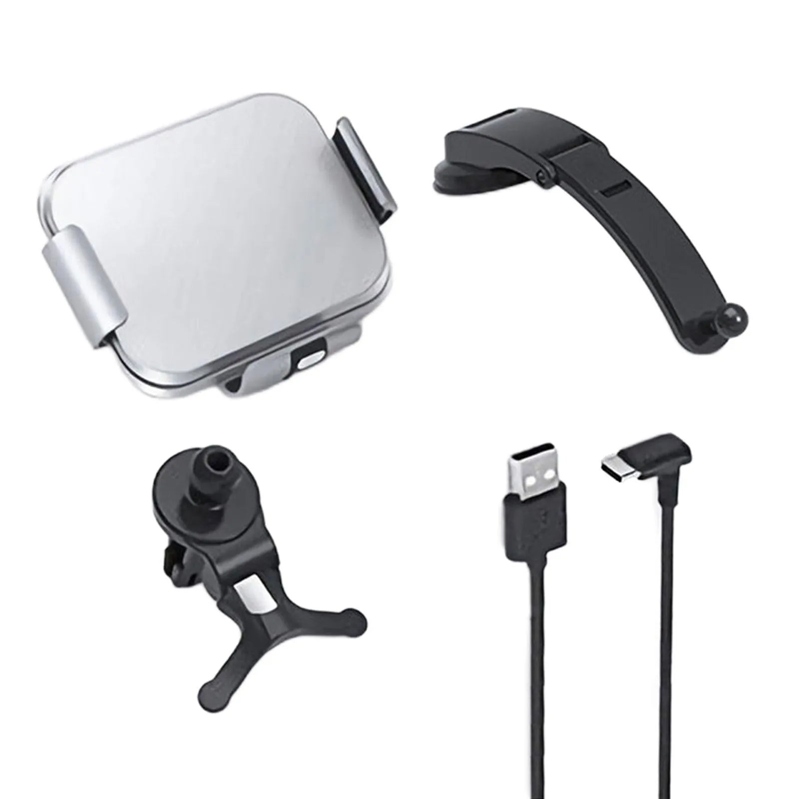 Grey wireless charging car phone holder with folding screen, showing air vent clip, suction cup, and disc mounts.