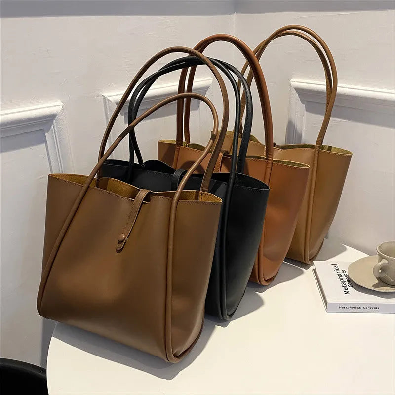 Casual large capacity PU tote bag for women in khaki with included wallet