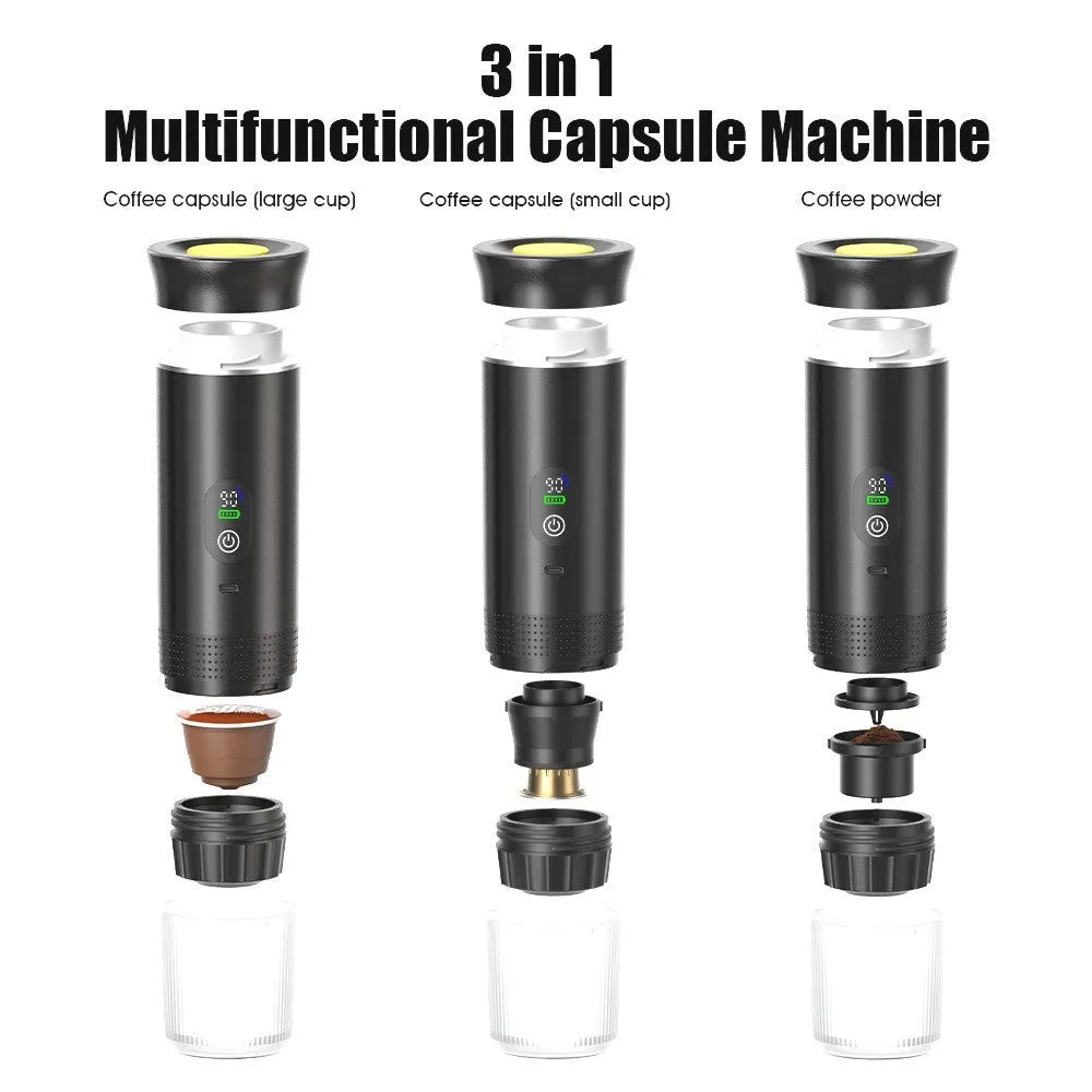 Black portable electric capsule coffee machine with LCD screen for use in cars and outdoor travel.