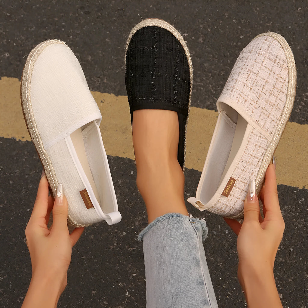 Canvas fisherman shoes with rope soles in black, white and milky white colours with flat heel round toe design
