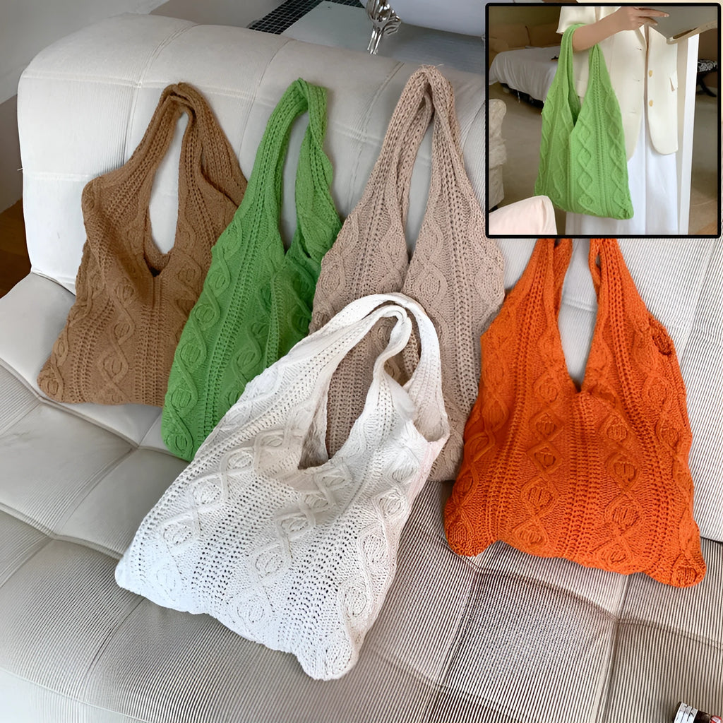Large retro hollow knitted women's shoulder tote bag in a solid colour with double straps.