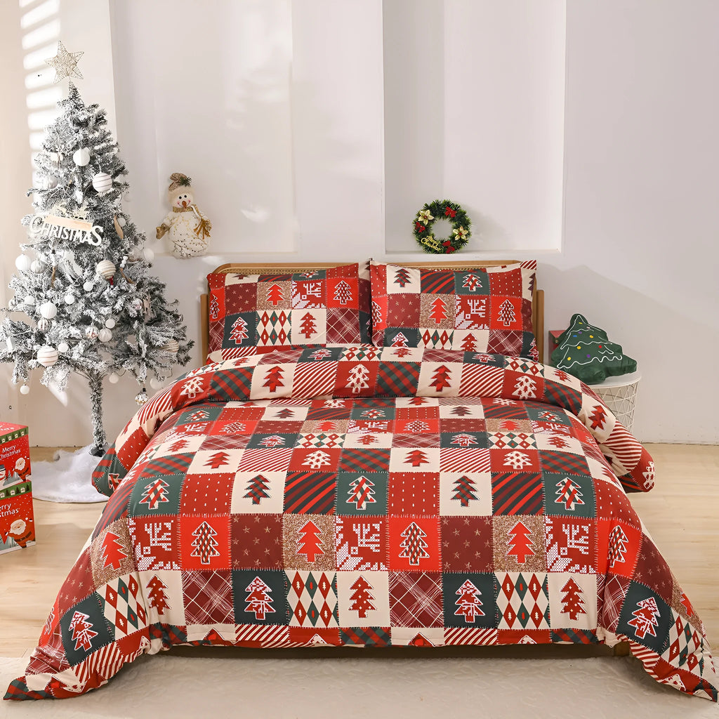 Christmas red plaid pattern bedding three-piece set with quilt cover and pillowcases