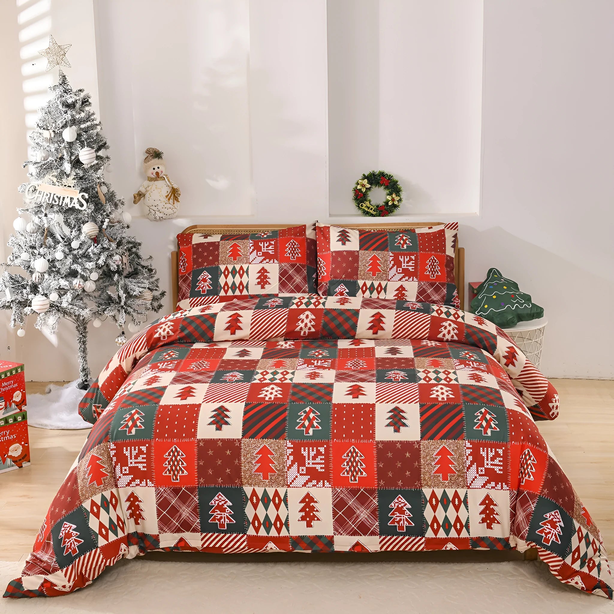 Christmas red plaid pattern bedding three-piece set with quilt cover and pillowcases
