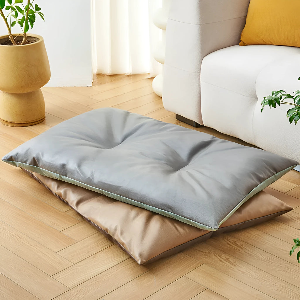 Cooling pet bed mat for cats and dogs in blue colour showing reversible fabric design