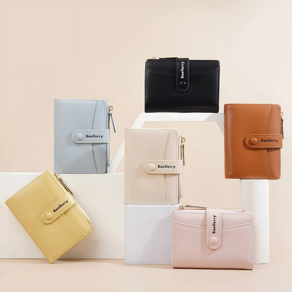 Women's short PU wallet in apricot colour showing compact design with card slots.