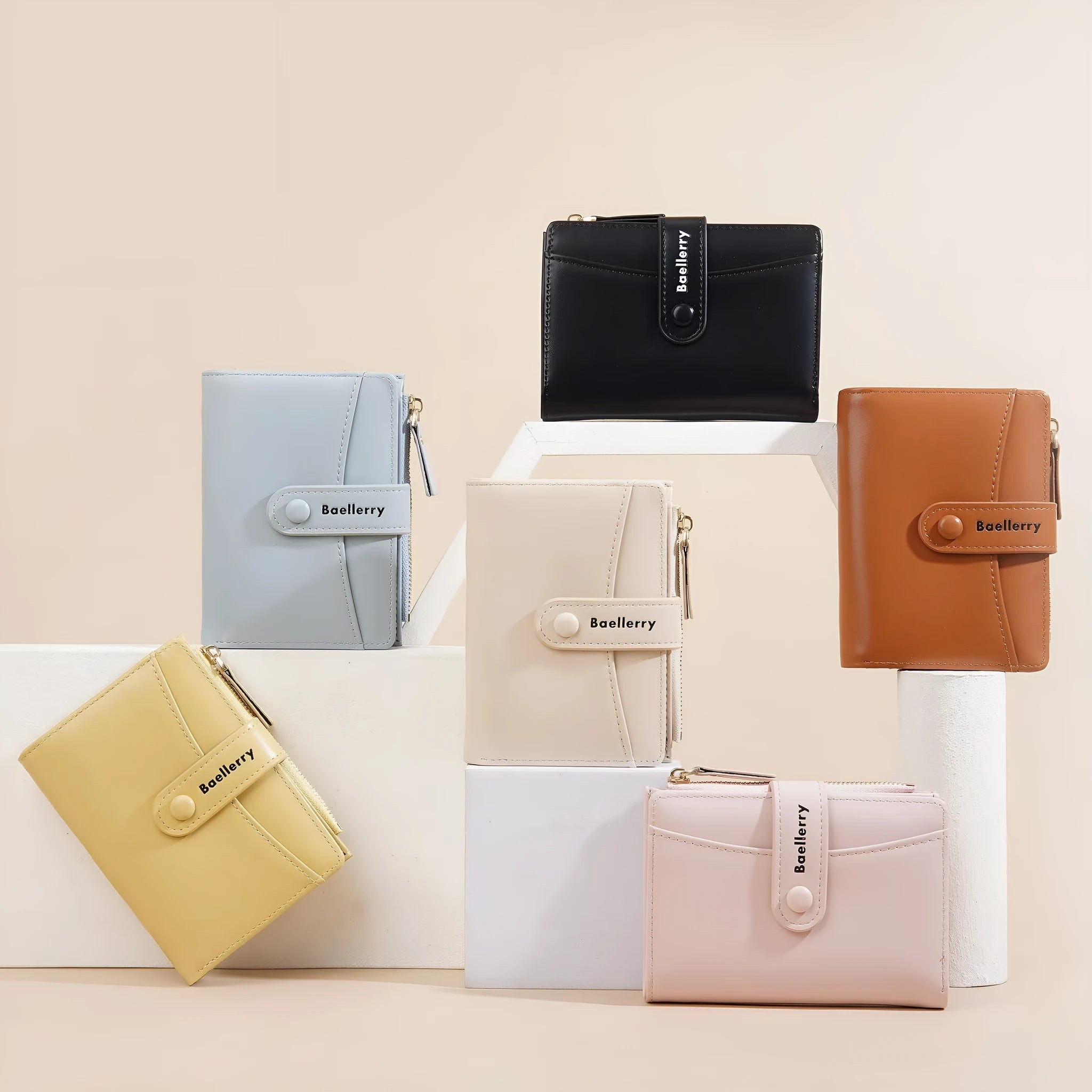 Women's short PU wallet in apricot colour showing compact design with card slots.