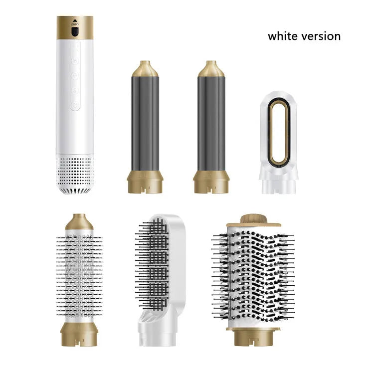 Multifunctional hot air styling comb with six attachment heads in leather case