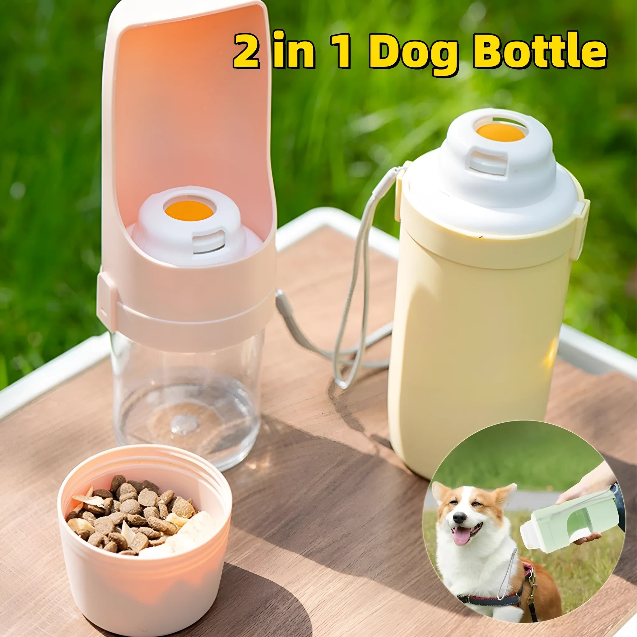 Grey 2-in-1 travel dog water bottle with 690ml capacity, lanyard, and dry-wet separation design for outdoor use