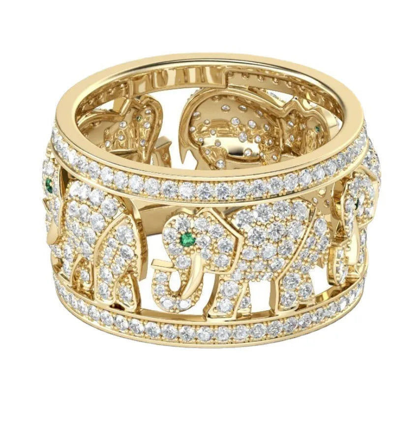 Alloy elephant ring with full diamond detailing showing elephant motif and electroplated finish