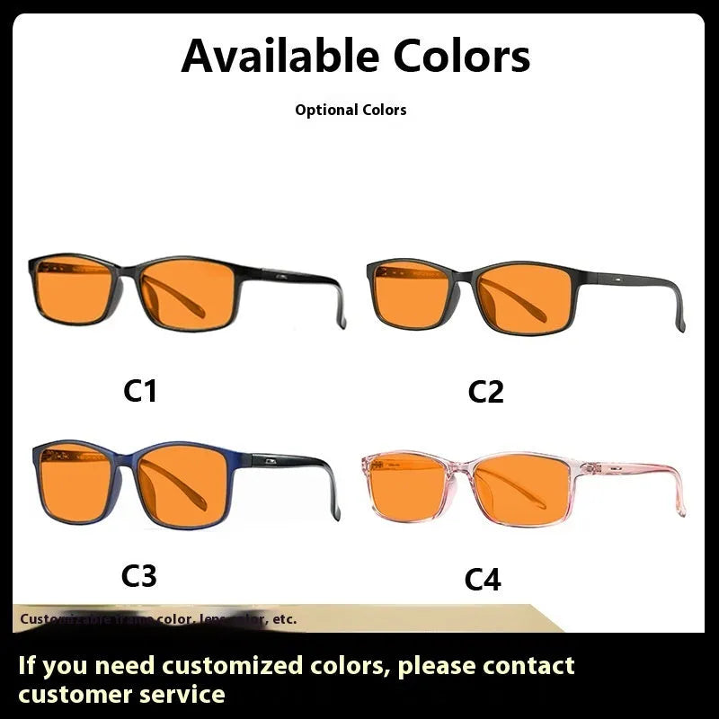 Orange anti-blue light UV protection glasses in full rim frame with four colour options